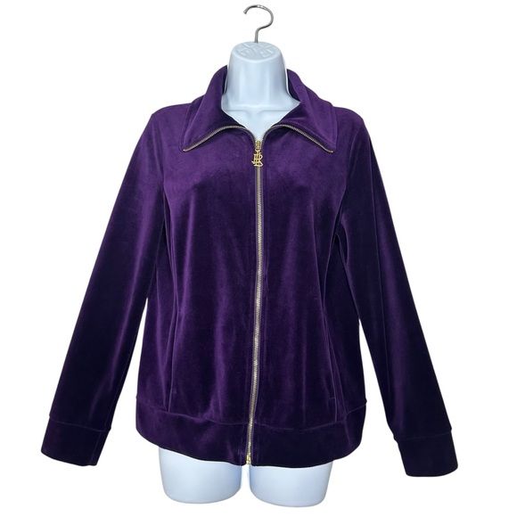 Lauren Ralph Lauren Womens Medium Purple Velvet Track Jacket Gold Zip Lounge - Picture 1 of 11